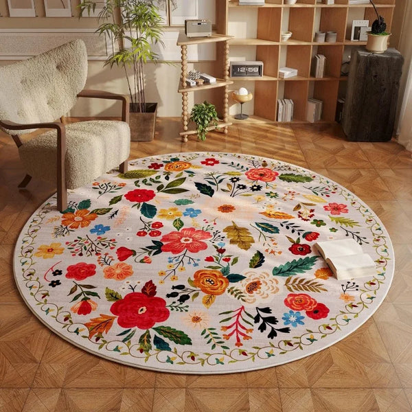 Round Floral Print Carpet Plush Mat for Living Room and Bedroom Decoration